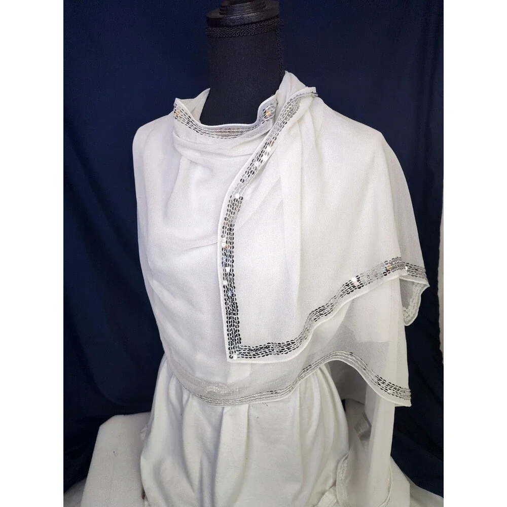Women's Beaded Evening Trim Chiffon Lightweight Scarf Wrap White Sheer 75